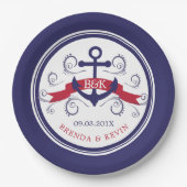 Navy-blauw & rood maritiem scheepsanker met banner papieren bordje (Voorkant)