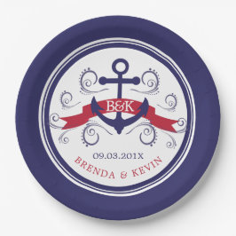 Navy-blauw & rood maritiem scheepsanker met banner papieren bordje