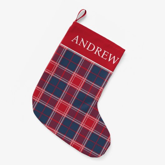 Navy Blauw Rood Plaid Tartan Kerstkous Kleine Kerstsok (Voorkant (Hangend))