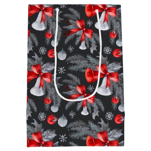 Navy Blauw Rood Zilver Kerstmis Botanisch Medium Cadeauzakje (Achterkant)