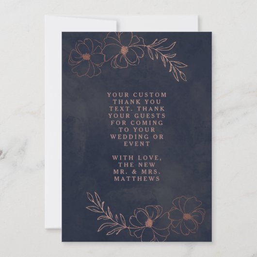 Navy Blauw & Roos Goud Chique Bruiloft Liefde en B Bedankkaart (Achterkant)