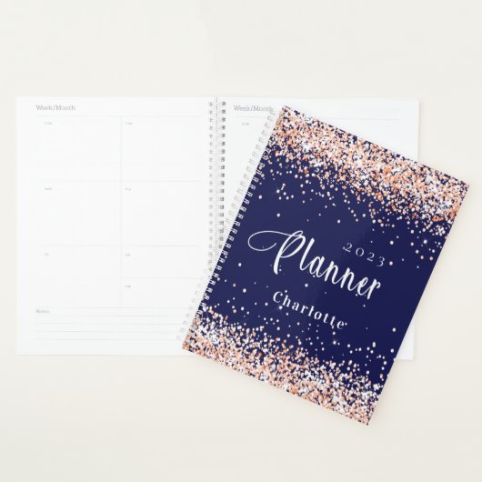 Navy blauw roos goud glitter naam afspraak 2026 planner (Display)