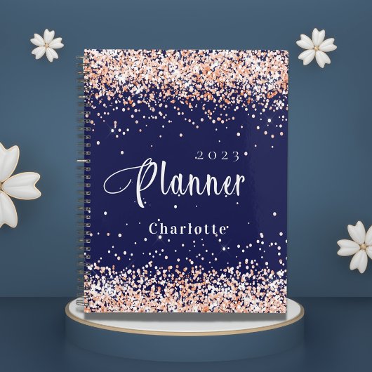 Navy blauw roos goud glitter naam afspraak 2026 planner