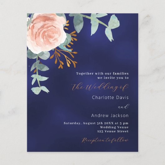 Navy blauw roos goud groen huwelijksuitnodiging (Voorkant)