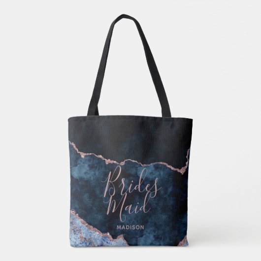Navy Blauw & Roos Gouden Agaat Marmer Bruidsmeisje Tote Bag (Achterkant)