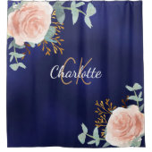 Navy blauw roos gouden bloemengroen monogram naam douchegordijn (Voorkant)