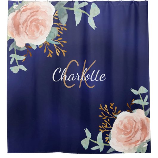 Navy blauw roos gouden bloemengroen monogram naam douchegordijn (Voorkant)