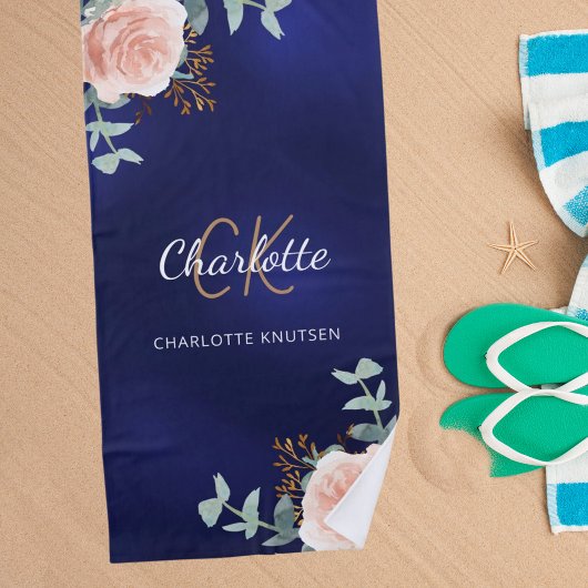 Navy blauw roos gouden bloemstukken monogram initi strandlaken