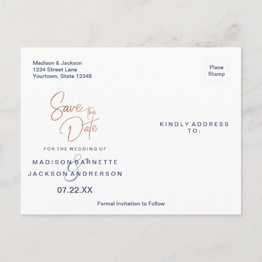 Navy Blauw & Roos Gouden Bruiloft Save the Date Aankondigingskaart (Achterkant)