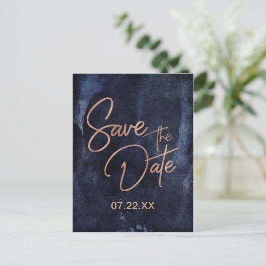 Navy Blauw & Roos Gouden Bruiloft Save the Date Aankondigingskaart (Staand voorkant)