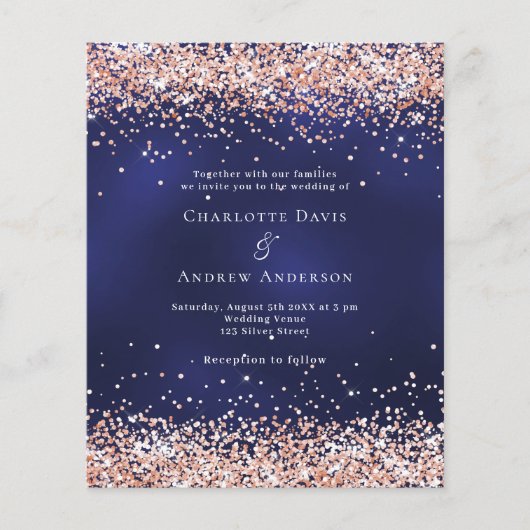 Navy blauw roos gouden budget bruiloft uitnodiging (Voorkant)