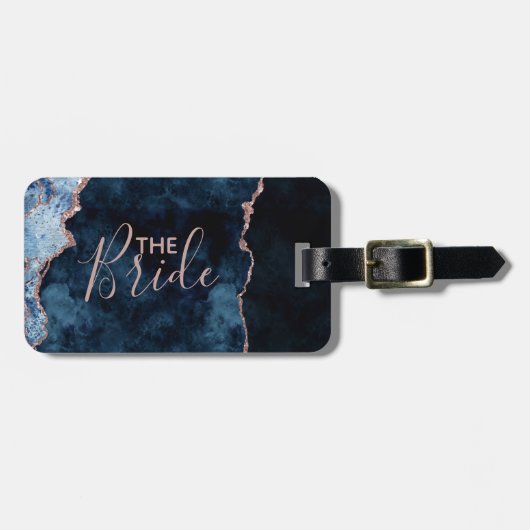 Navy Blauw & Roos Gouden Folie Agaat Marmer De Bru Bagagelabel (Voorkant horizontaal)