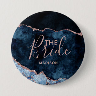 Navy Blauw & Roos Gouden Folie Agaat Marmer De Bru Ronde Button 7,6 Cm