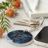 Navy Blauw & Roos Gouden Folie Agaat Marmer De Bru Sleutelhanger (Voorkant Rechts)