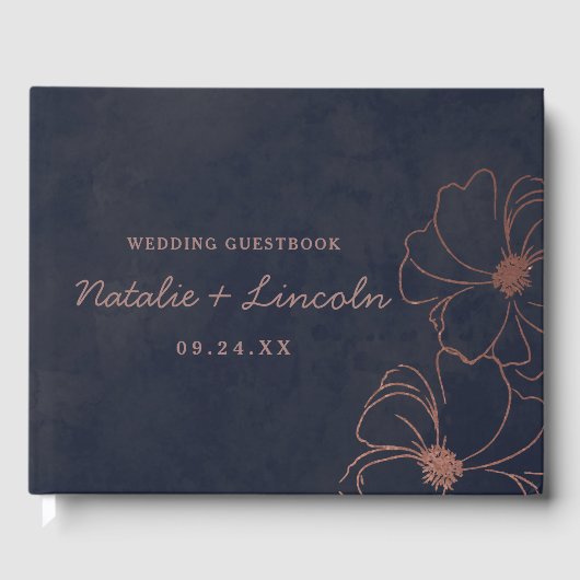 Navy Blauw & Roos Gouden Folie Bloemengrens Bruilo Gastenboek (Voorkant)