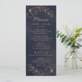 Navy Blauw & Roos Gouden Folie Bloemengrens Diner Menu (Staand voorkant)