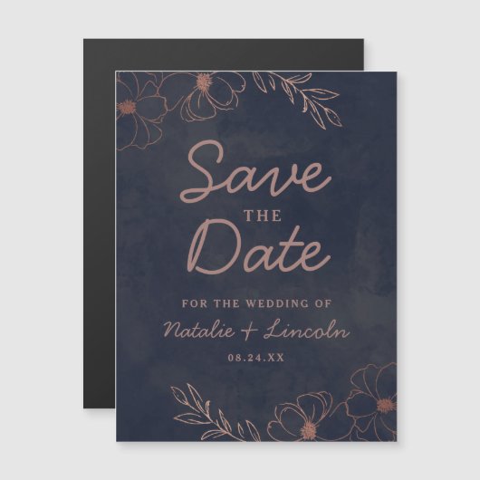 Navy Blauw & Roos Gouden Folie Bruiloft Save the D Magnetische Uitnodiging (Voorkant / Achterkant)
