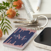Navy blauw Roos gouden glitter druppels monogram f Sleutelhanger (Voorkant Rechts)