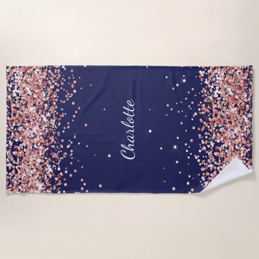 Navy blauw roos gouden naam strandlaken (Voorkant)