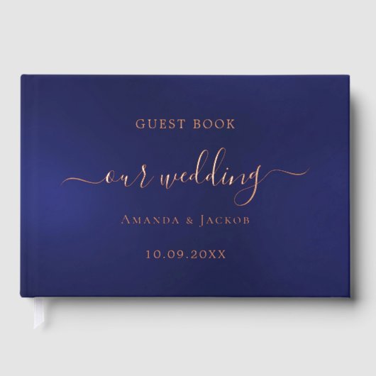 Navy blauw roos gouden script bruiloft gastenboek (Voorkant)