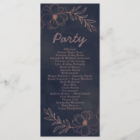 Navy blauw & Roos goudfolie chique huwelijksceremo Programmakaart (Achterkant)