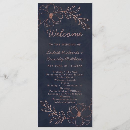 Navy blauw & Roos goudfolie chique huwelijksceremo Programmakaart (Voorkant)