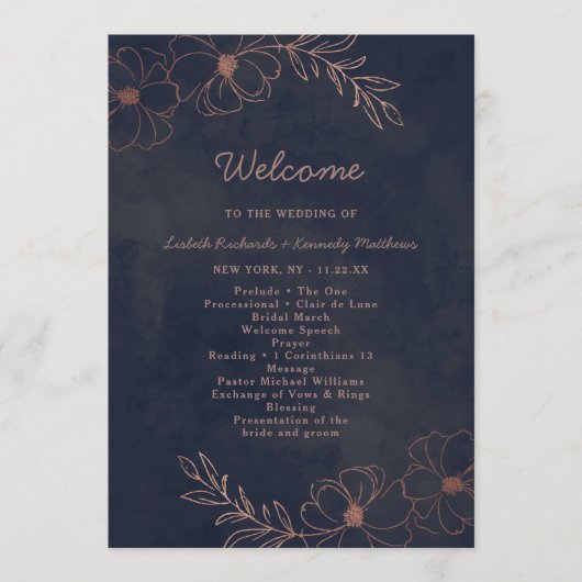 Navy blauw & Roos goudfolie chique huwelijksceremo Programmakaart (Voorkant)