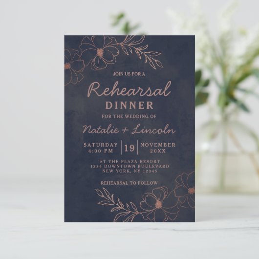 Navy Blauw & Roos Goudfolie Chique repetitie diner Kaart (Staand voorkant)