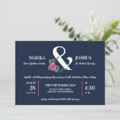 Navy Blauw Roze Bloemen Ampersand 2 in 1 Bruiloft Kaart (Staand voorkant)