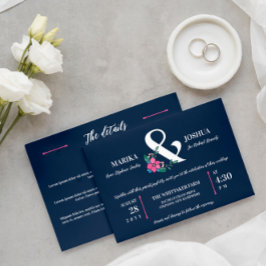 Navy Blauw Roze Bloemen Ampersand 2 in 1 Bruiloft Kaart