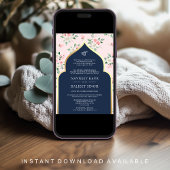 Navy Blauw Roze Bloemen Anand Karaj Sikh Bruiloft Kaart