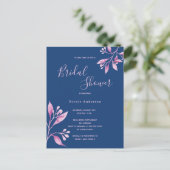 Navy Blauw roze bloemen bruids douche uitnodiging (Staand voorkant)