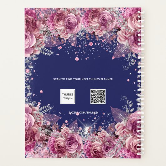 Navy blauw roze bloemen elegante naam 2026 planner (Achterkant)