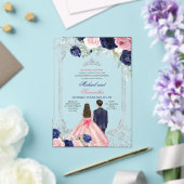 Navy Blauw & Roze Bloemen Tweeling Zilver Quinceañ Acryl Uitnodigingen (Insitu (Huwelijk))