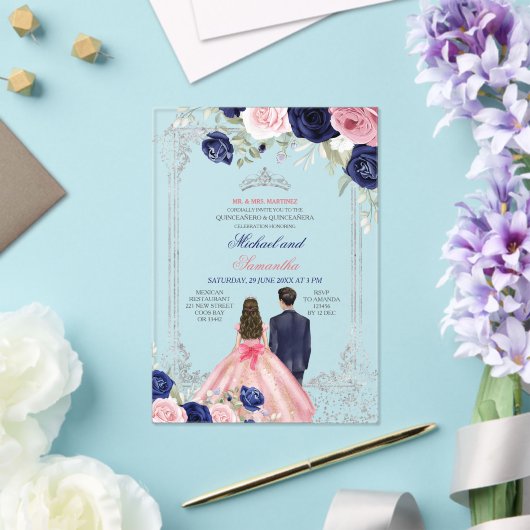 Navy Blauw & Roze Bloemen Tweeling Zilver Quinceañ Acryl Uitnodigingen (Insitu (Huwelijk))