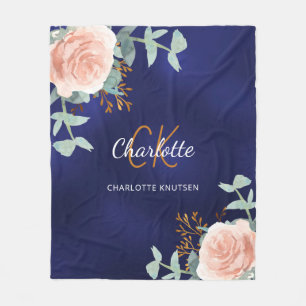 Navy blauw roze bloemengroen monogram naam fleece deken
