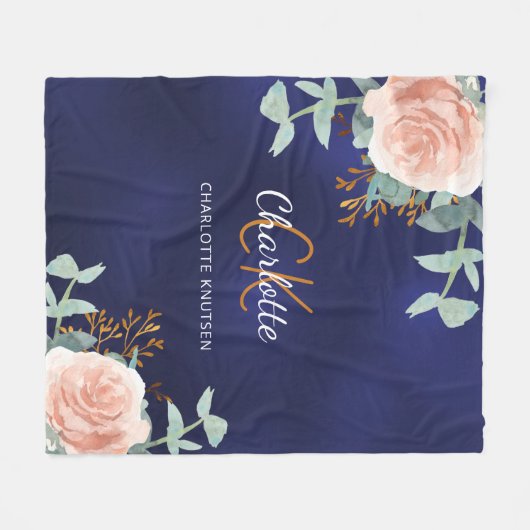 Navy blauw roze bloemengroen monogram naam fleece deken (Voorkant (Horizontaal))