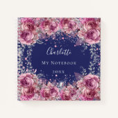 Navy blauw roze bloemige glitter naam elegant notitieboek (Voorkant)