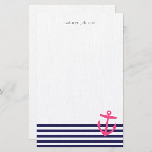 Navy Blauw & Roze Nautische Strepen en Schattige A Briefpapier (Voorkant / Achterkant)