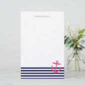 Navy Blauw & Roze Nautische Strepen en Schattige A Briefpapier (Staand voorkant)