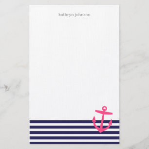 Navy Blauw & Roze Nautische Strepen en Schattige A Briefpapier