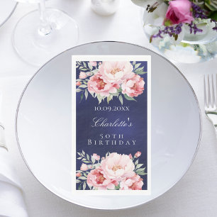 Navy blauw roze rozen bloemen elegante verjaardag servet