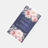 Navy blauw roze rozen bloemen elegante verjaardag servet (Hoek)