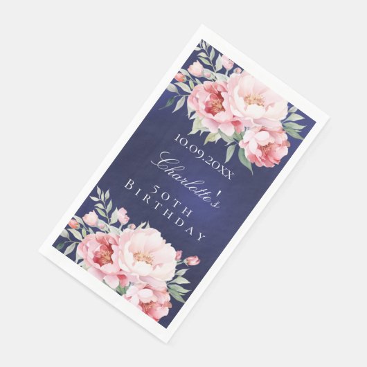 Navy blauw roze rozen bloemen elegante verjaardag servet (Hoek)