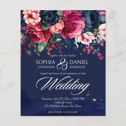 Navy blauw roze rozen bruiloft uitnodiging sjabloo (Voorkant)