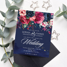 Navy blauw roze rozen bruiloft uitnodiging sjabloo