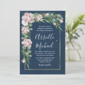 Navy blauw & roze stoffig Roos groen gouden bruilo Kaart (Staand voorkant)