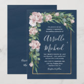 Navy blauw & roze stoffig Roos groen gouden bruilo Kaart (Voorkant / Achterkant)