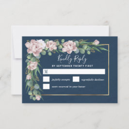Navy blauw & roze stoffig Roos groen gouden bruilo RSVP Kaartje
