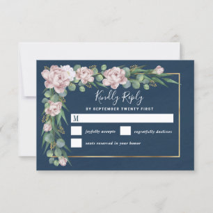 Navy blauw & roze stoffig Roos groen gouden bruilo RSVP Kaartje